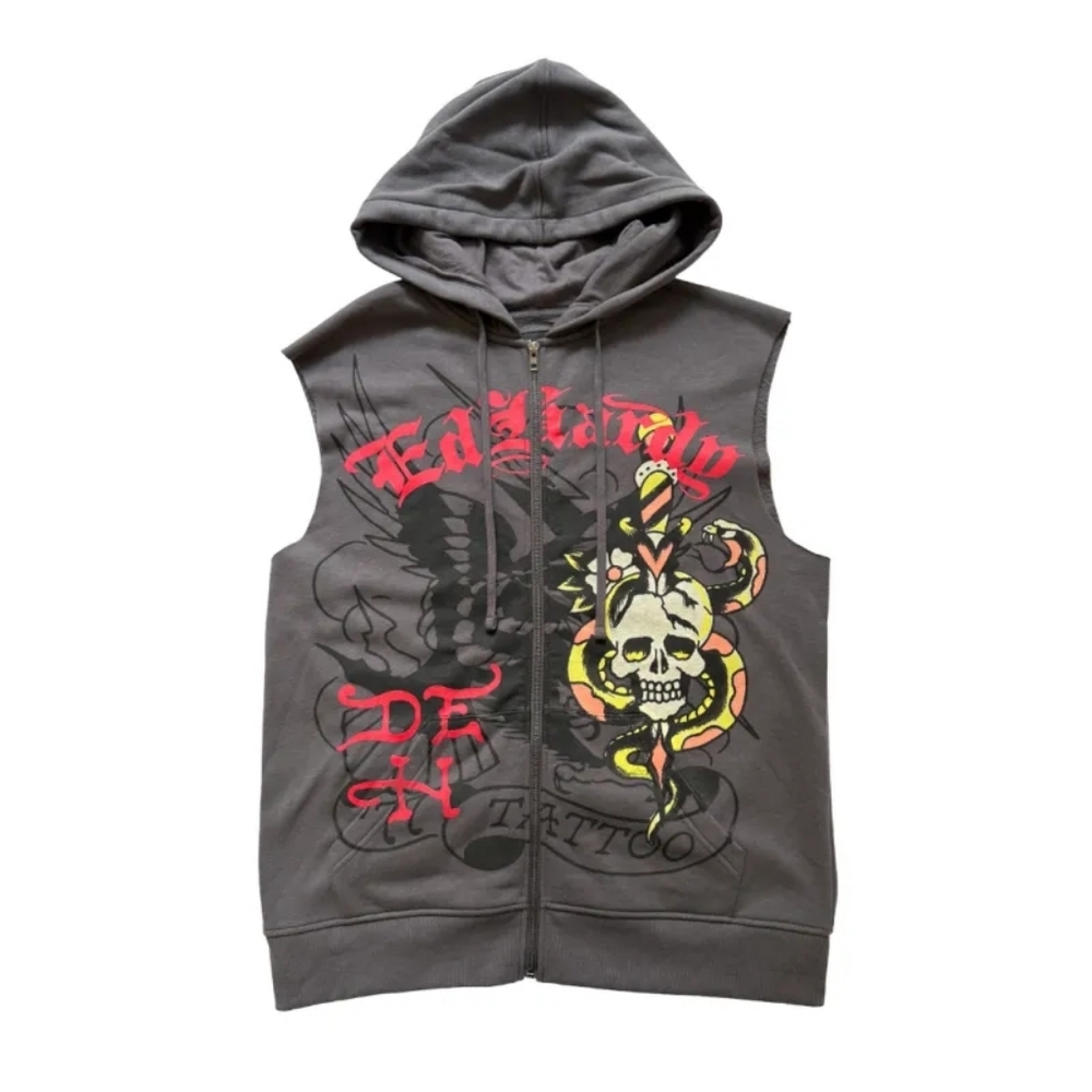 Vintage Y2K Ed Hardy Sleeveless Zip Up Hoodie Vest Panther Eagle Skull Charcoal